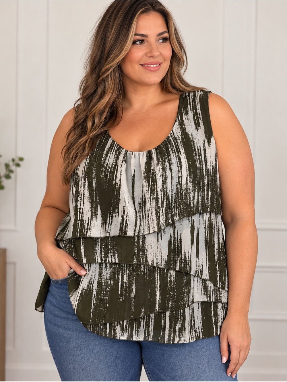 Jacqueline Smith Women's Olive Green Layered Sleeveless Blouse 1X